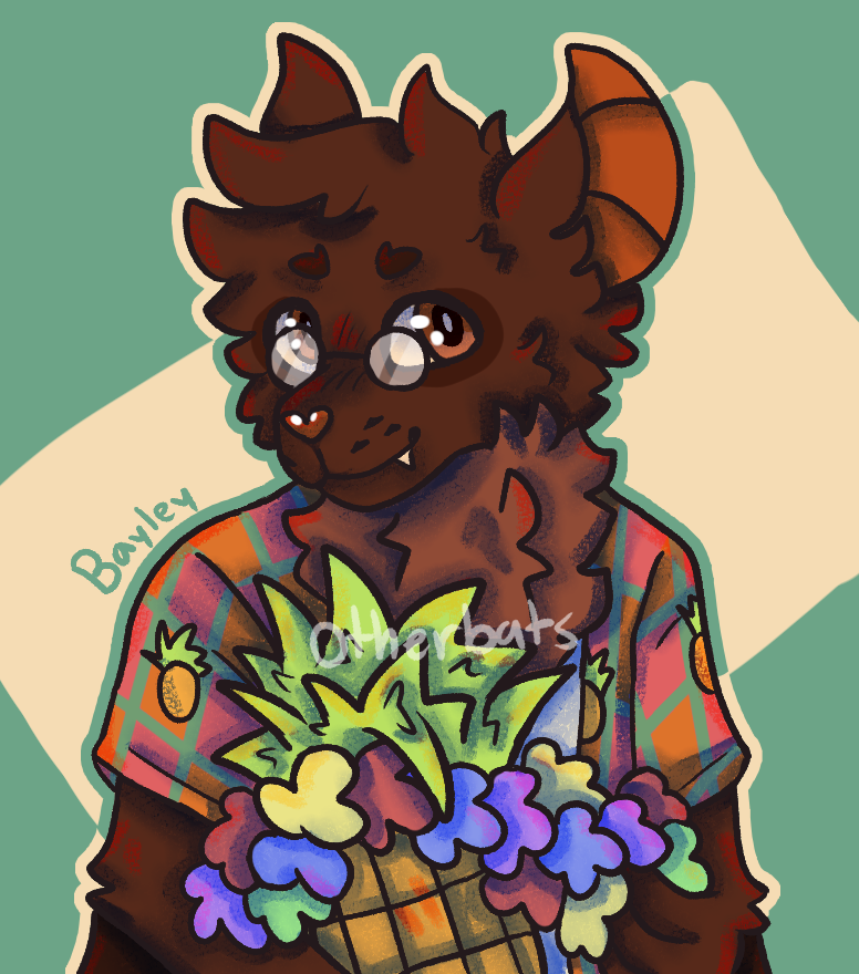 A cute anthro bat holding a pineapple